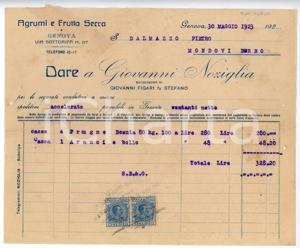 Documento originale, autentico 1923 GENOVA Via Sottoripa 117 Fruttivendolo Giovanni NOZIGLIA Agrumi  Fattura 1