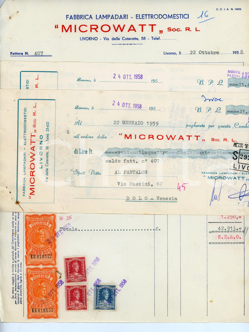 Documento originale, autentico 1958 LIVORNO Via delle Cateratte 58 Lampadari MICROWATT Fattura e 2 cambiali 1