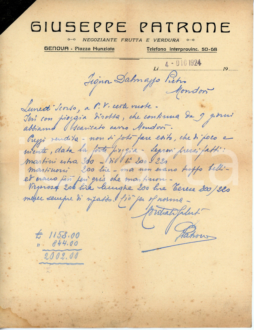 Documento originale, autentico 1924 GENOVA Piazza Nunziata  Fruttivendolo Giuseppe PATRONE Lettera commerciale 1