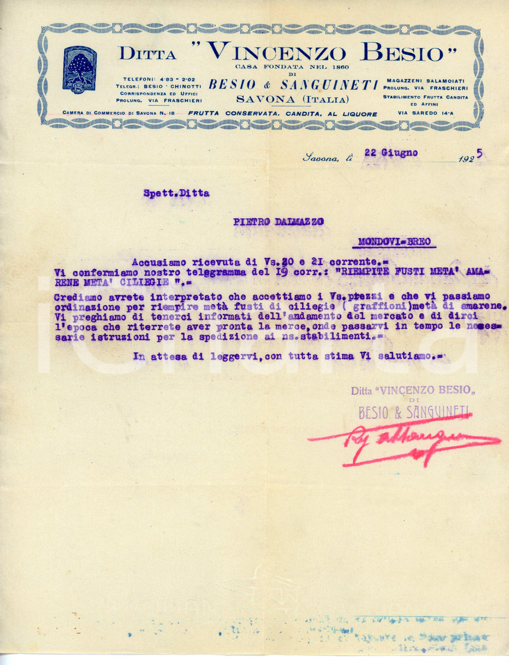 Documento originale, autentico 1925 SAVONA Frutta candita Vincenzo BESIO Lettera ordine di amarene e ciliegie 1