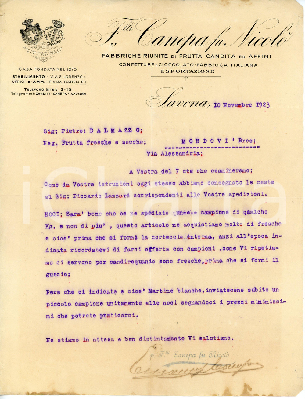 Documento originale, autentico 1923 SAVONA Frutta candita FRATELLI CANEPA Lettera per campione di noci fresche 1