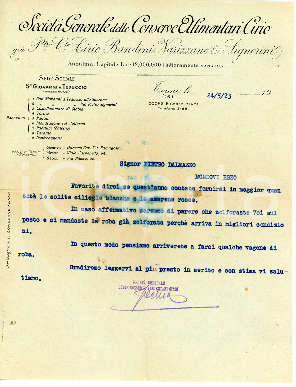Documento originale, autentico 1923 TORINO Conserve alimentari CIRIO acquistano ciliegie e amarene  Lettera 1