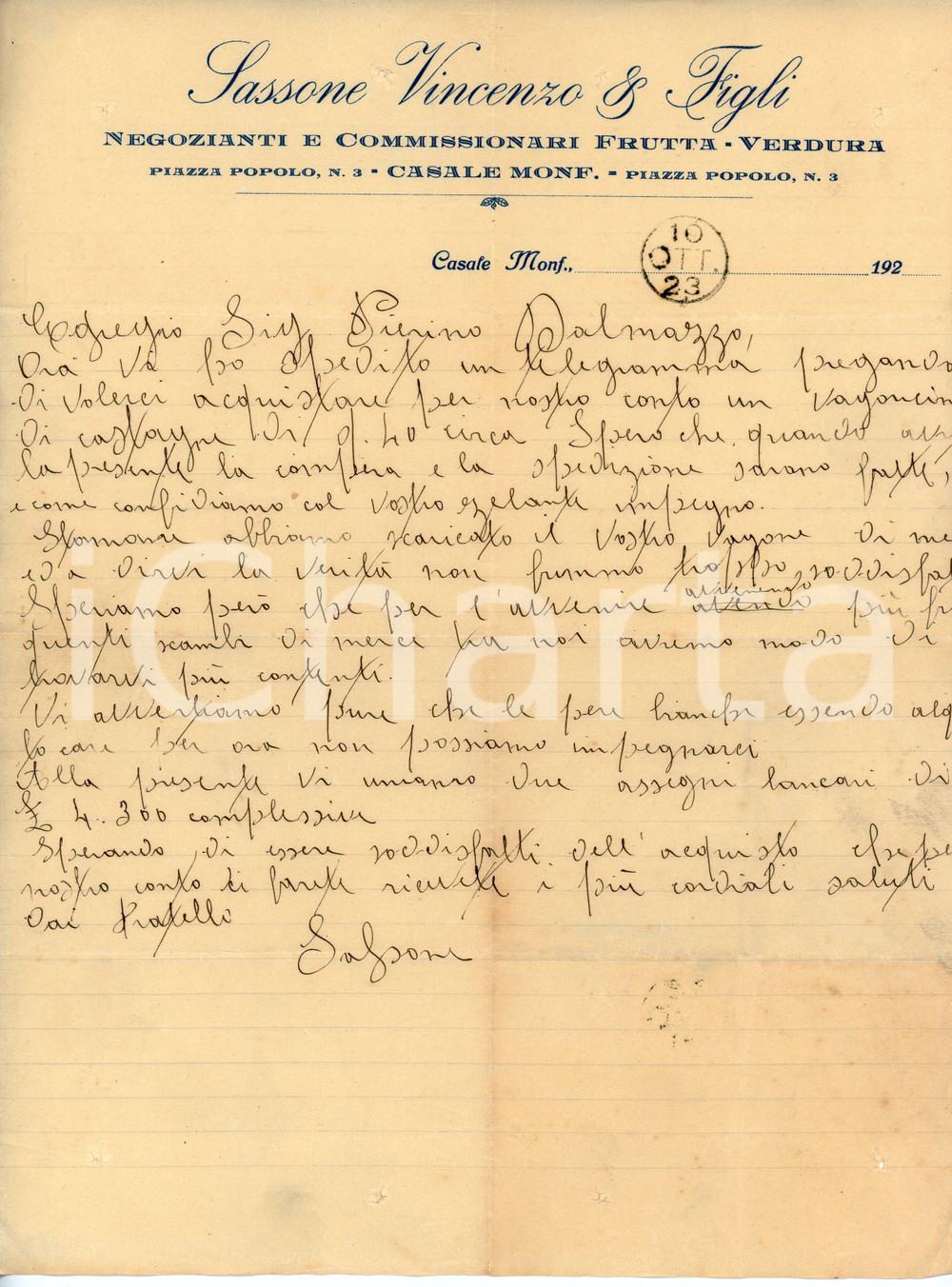 Documento originale, autentico 1923 CASALE MONFERRATO Fruttivendolo Vincenzo SASSONE acquista castagne 1
