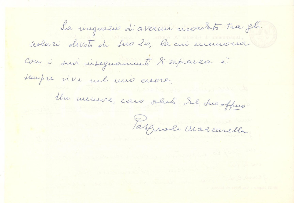 Autografo originale 1991 Università di NAPOLI  Pasquale MAZZARELLA per ringraziamento Autografo 1
