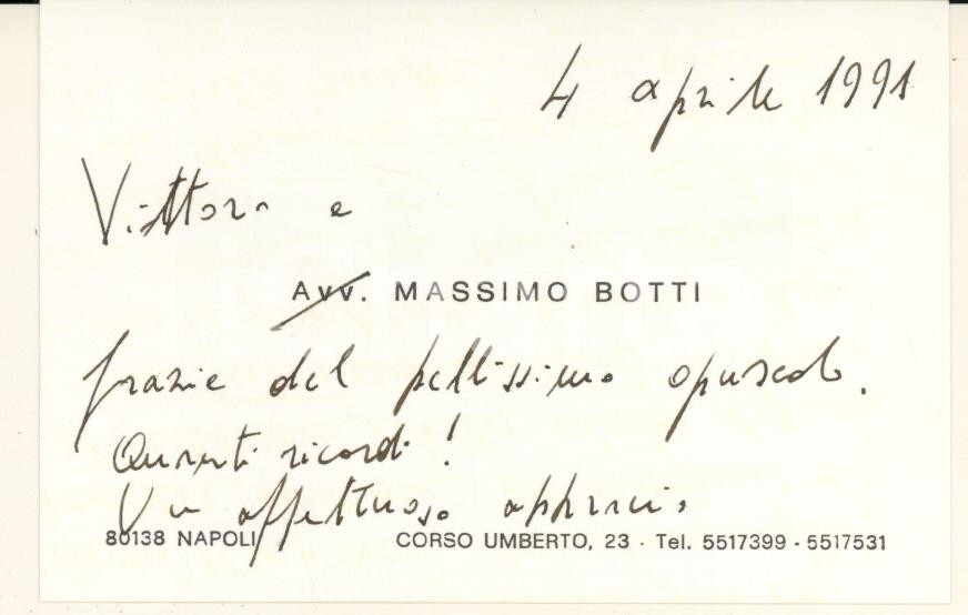 Autografo originale 1991 NAPOLI Avv. Vittorio e Massimo BOTTI  Biglietto ringraziamento Autografo 1