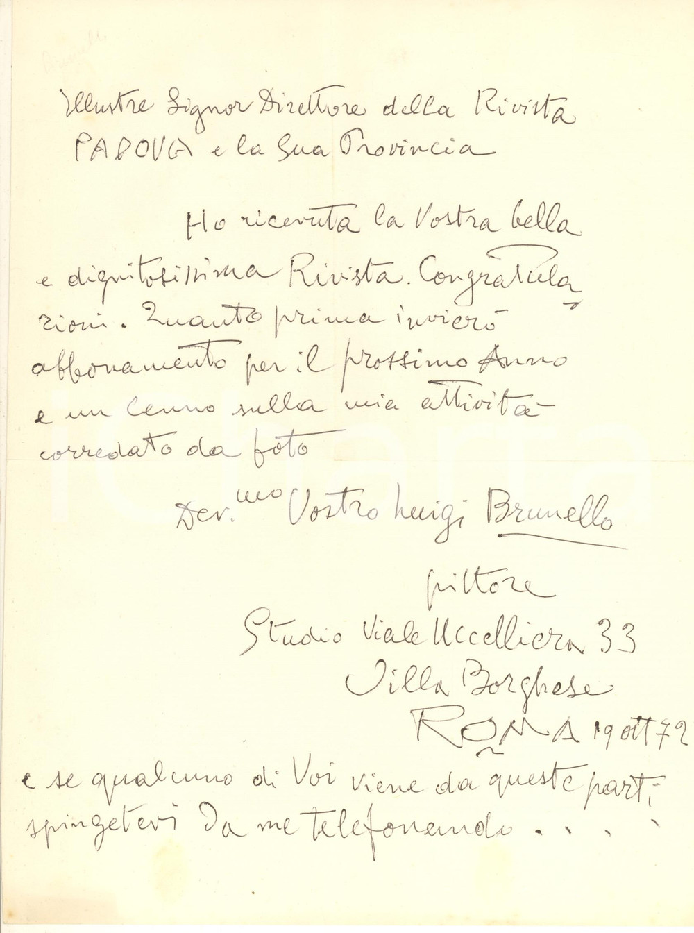 Autografo originale 1975 ca ROMA Pittore Luigi BRUNELLO  Lettera abbonamento a rivista Autografo 1