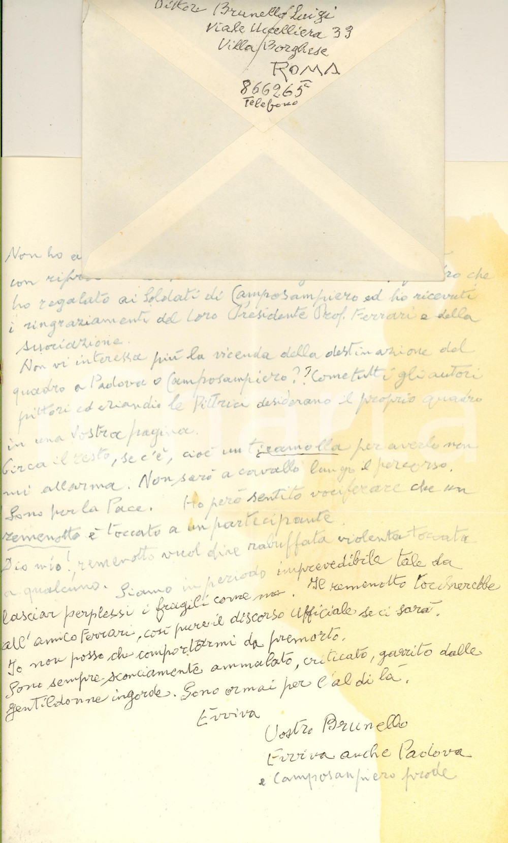 Autografo originale 1976 ROMA Pittore Luigi BRUNELLO sulla Morte di Anita Garibaldi Autografo 1