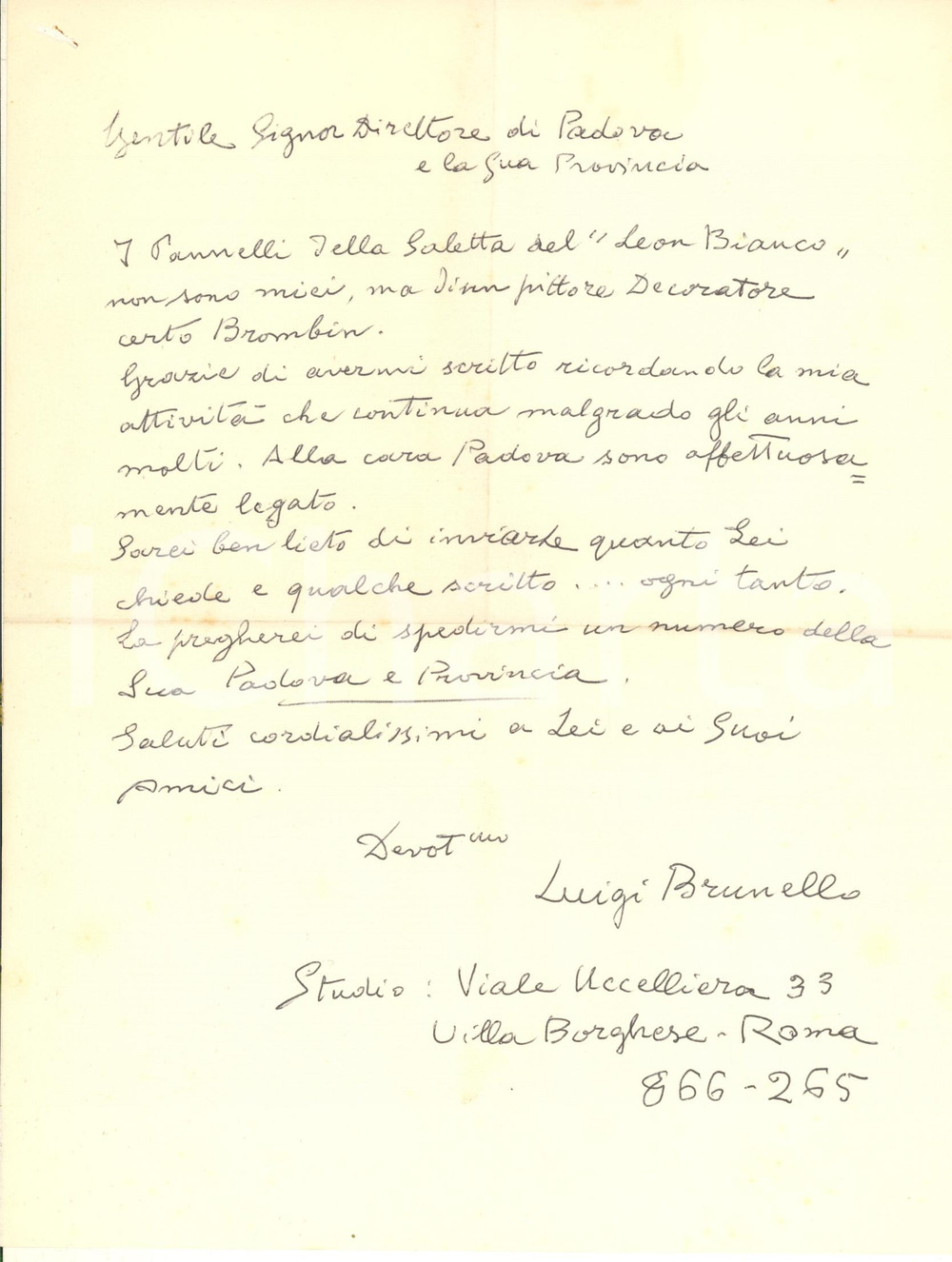 Autografo originale 1974 ROMA Pittore Luigi BRUNELLO sulle decorazioni del Leon Bianco Autografo 1