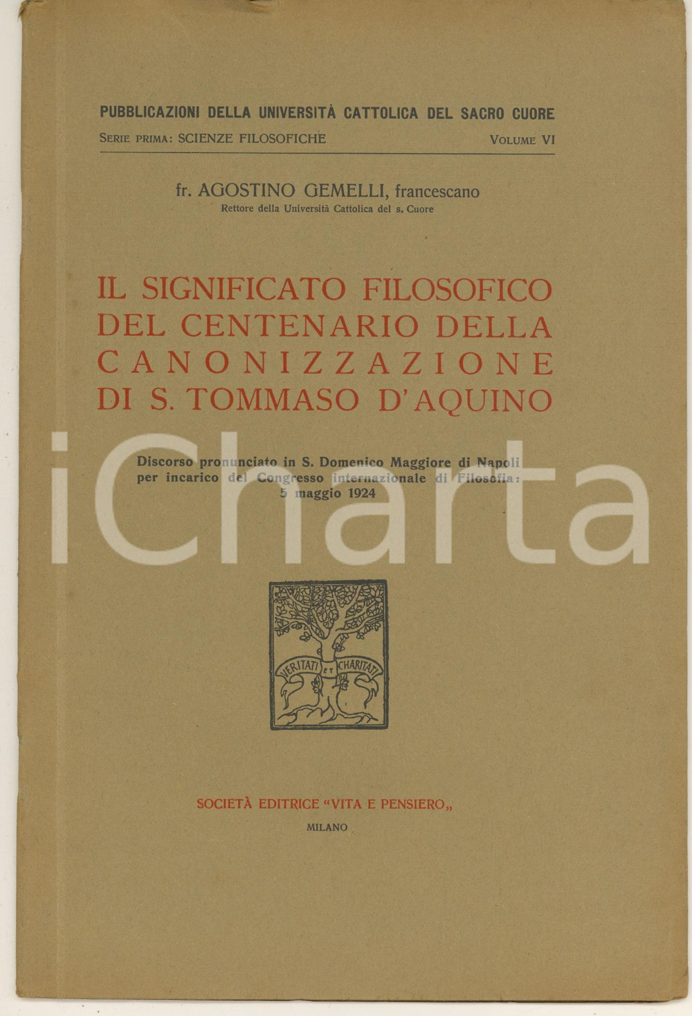 Libro, pubblicazione d epoca 1924 MILANO Padre Agostino GEMELLI Centenario canonizzazione S. Tommaso d Aquino 1