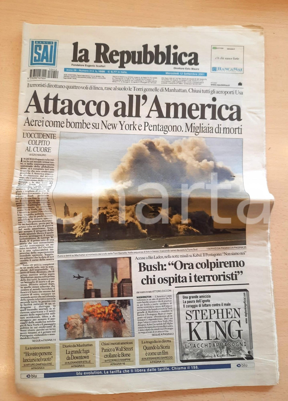 Giornale, rivista storica 12 settembre 2001 LA REPUBBLICA Attentato Torri Gemelle New York Giornale 1