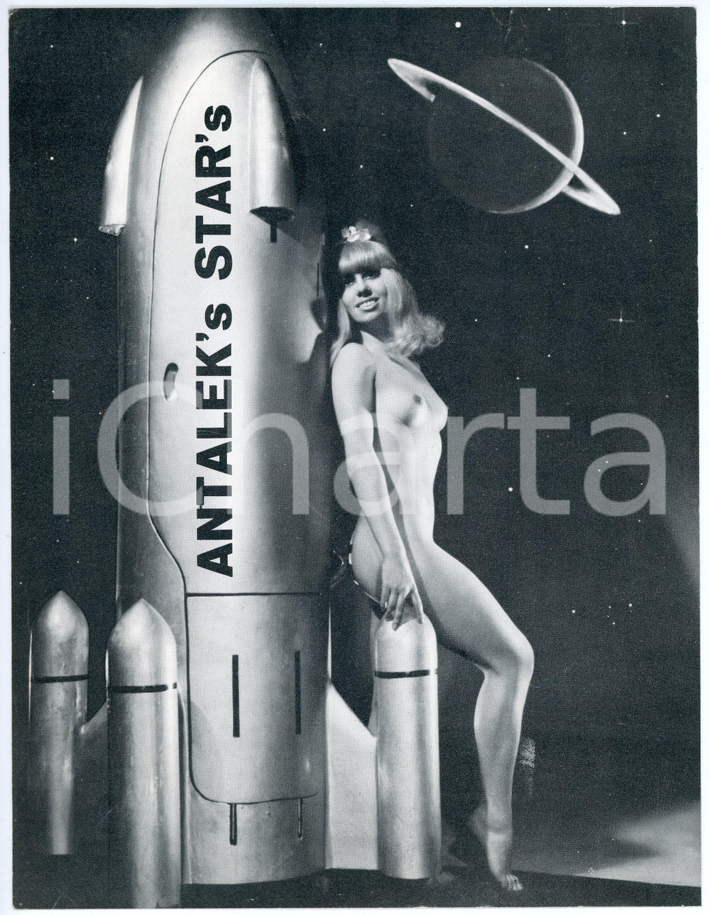 Materiale pubblicitario d’epoca 1960 ca SPACE AGE  ANTALEK S STAR S Nude girl with spaceship Volantino EROTICA 1