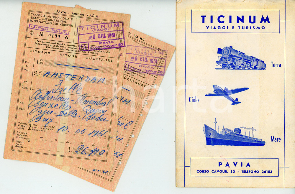 Oggetto da collezione cartaceo 1961 PAVIA Agenzia viaggi TICINUM Due biglietti per AMSTERDAM con custodia 1