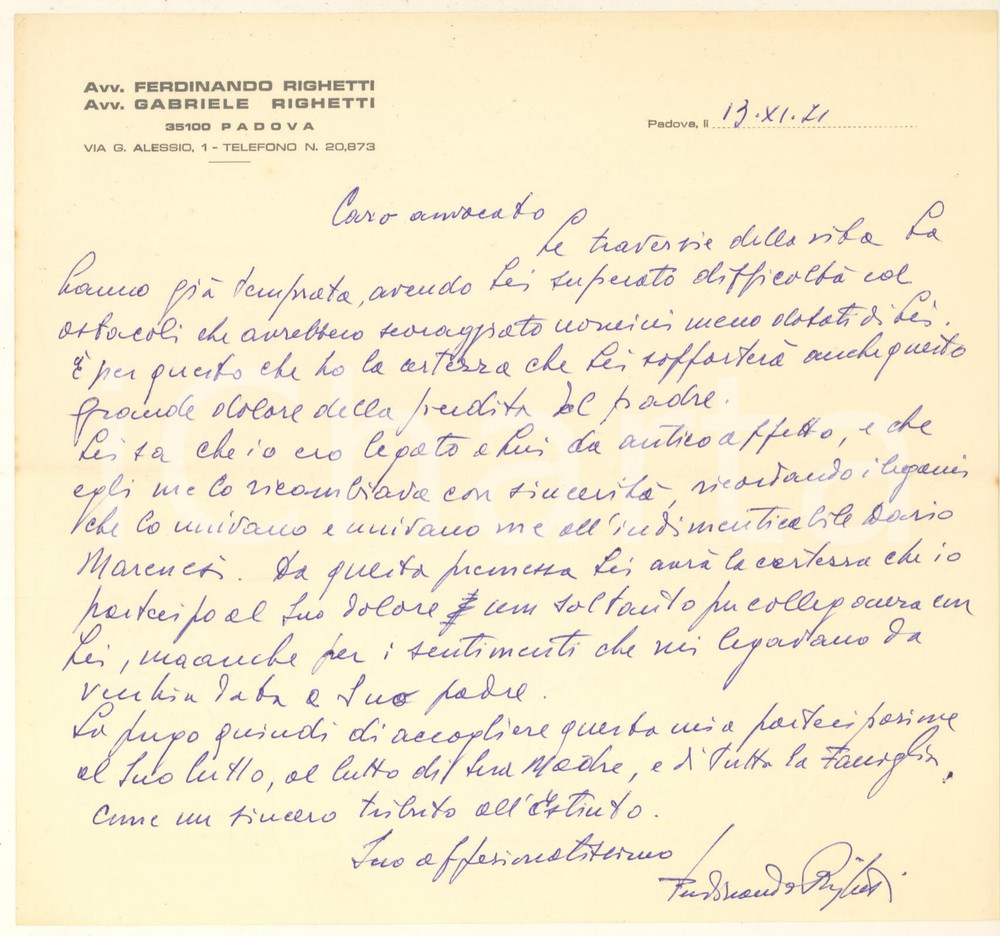 Autografo originale 1971 PADOVA Lettera avv. Ferdinando RIGHETTI  Condoglianze Autografo 1