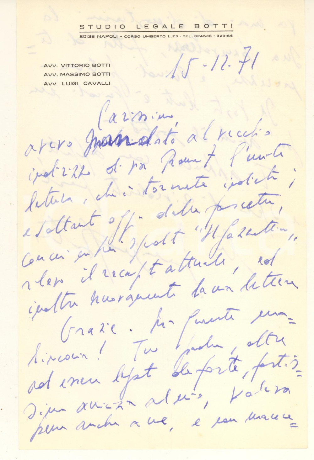 Autografo originale 1971 NAPOLI Lettera avv. Massimo BOTTI  Condoglianze Autografo 1