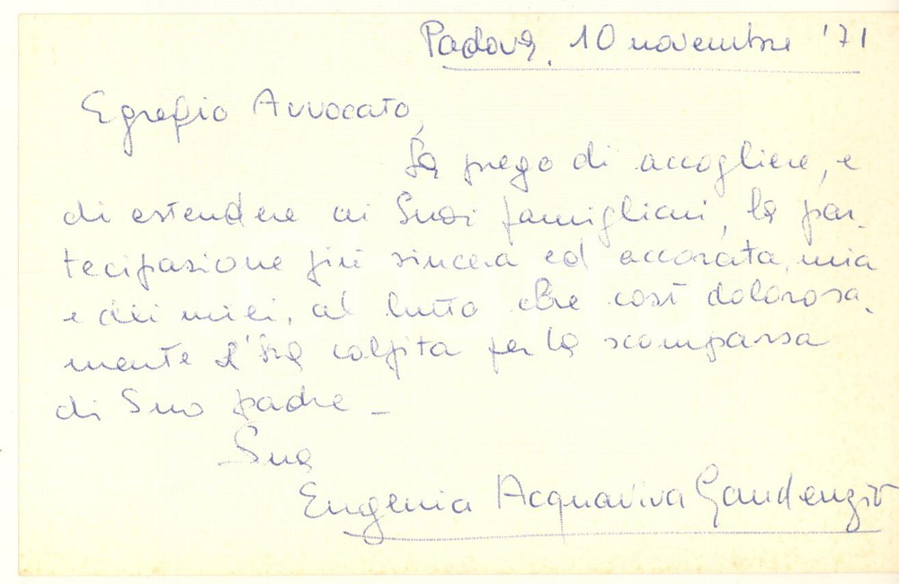 Autografo originale 1971 PADOVA Biglietto Eugenia ACQUAVIVA GAUDENZIO per condoglianze Autografo 1