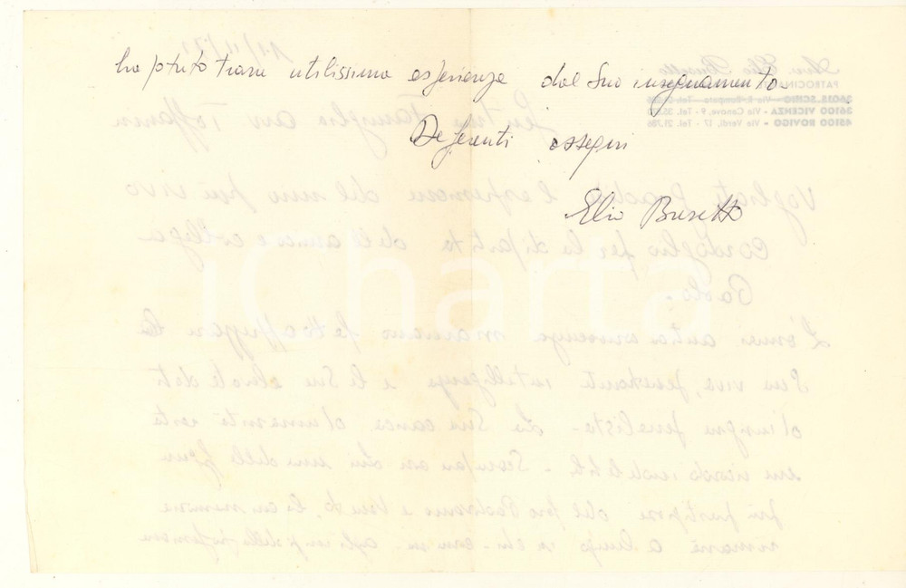 Autografo originale 1971 VICENZA Lettera avv. Elio BUSETTO  Condoglianze Autografo 1