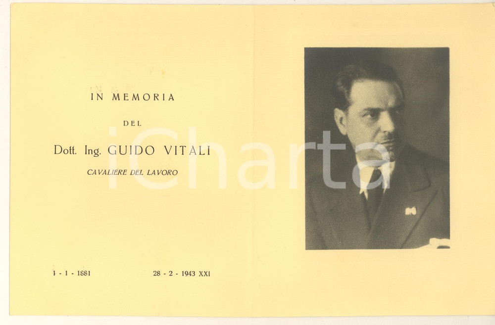 Oggetto da collezione cartaceo 1943 PADOVA Ing. Guido VITALI cavaliere del lavoro  Ricordo lutto 24x15 cm 1