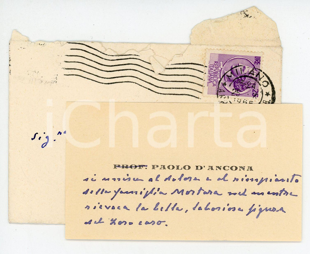 Autografo originale 1955 Prof. Paolo D ANCONA Biglietto di condoglianze AUTOGRAFO 1