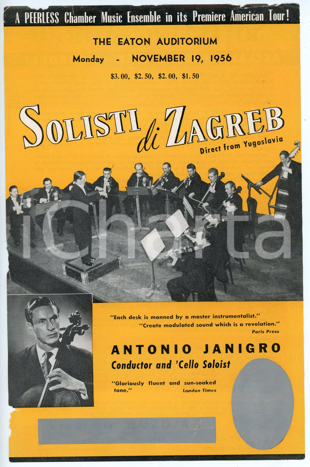 Materiale pubblicitario d’epoca 1956 TORONTO Eaton Auditorium SOLISTI DI ZAGREB e Antonio JANIGRO Volantino 1