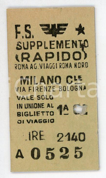 Oggetto da collezione cartaceo 1961 FERROVIE DELLO STATO Biglietto supplemento rapido MILANO CENTRALE  ROMA 1