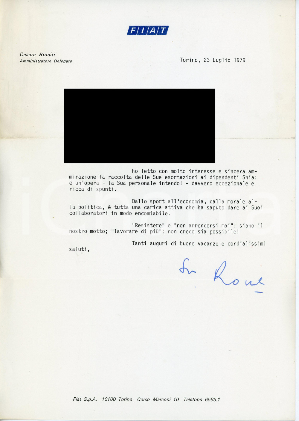 Documento originale, autentico 1979 TORINO  FIAT Cesare ROMITI Autografo su carta intestata  Lettera 21x29 cm 1