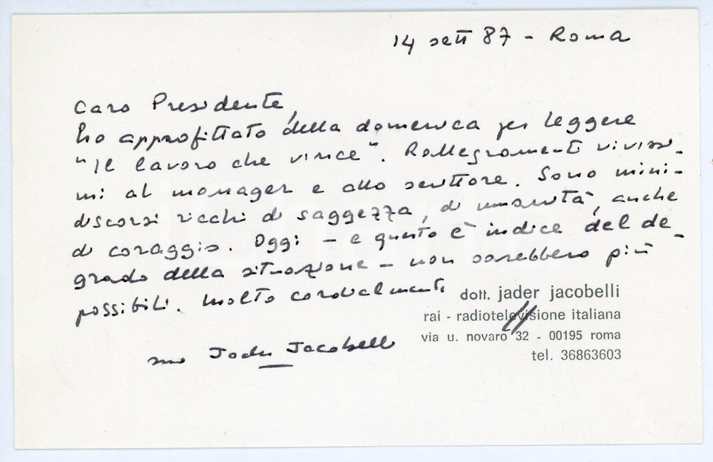Documento originale, autentico 1987 ROMA  RAI Jader JACOBELLI Biglietto da visita con AUTOGRAFO 13x8 cm 1