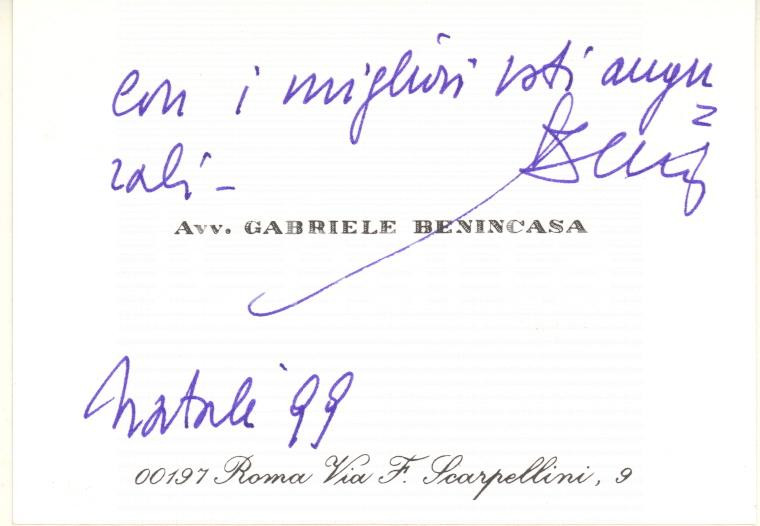 Autografo originale 1999 ROMA Gabriele BENINCASA avvocato ed editore  Biglietto autografo auguri 1