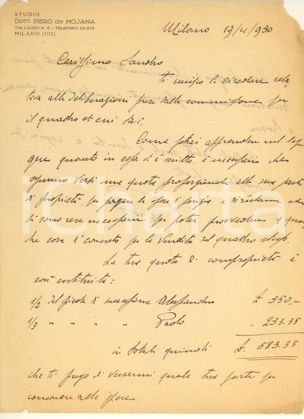 Autografo originale 1930 MILANO Piero DE MOJANA  Lettera a un cliente per vendita quadro Autografo 1
