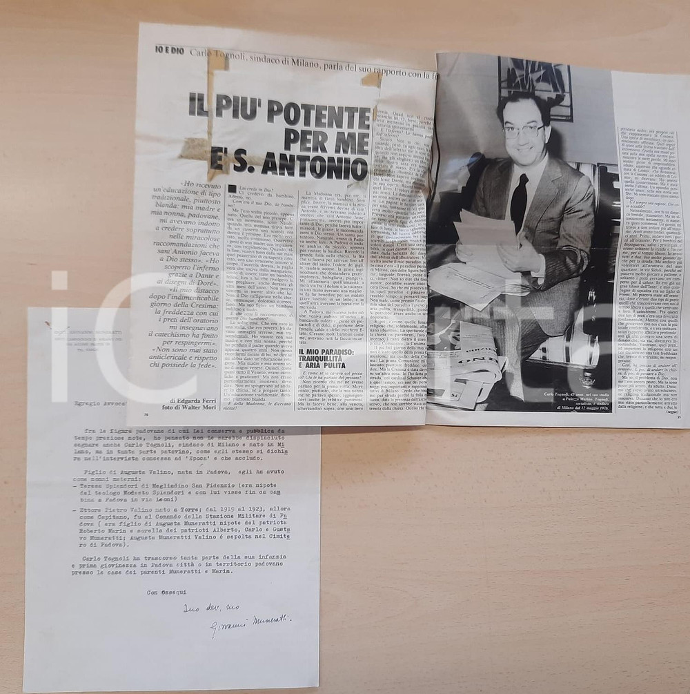 Autografo originale 1982 MIRANO Giovanni MUNERATTI sui legami padovani di Carlo TOGNOLI Autografo 1