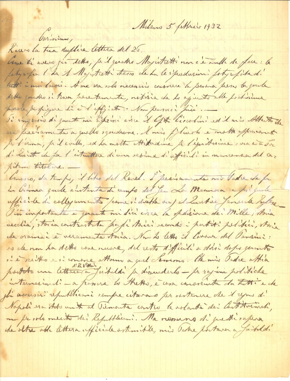 Autografo originale 1932 MILANO Vittorio LITTA MODIGNANI sul padre inviato per Garibaldi Autografo 1