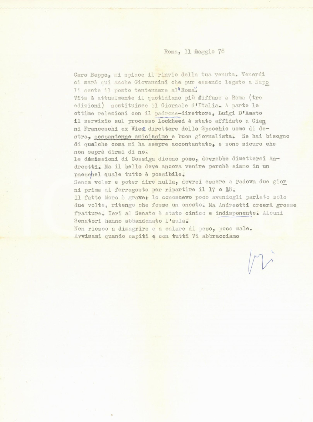 Autografo originale 1978 FUTURISMO ROMA Giorgio PERISSINOTTO PERI e il cinico Andreotti Autografo 1