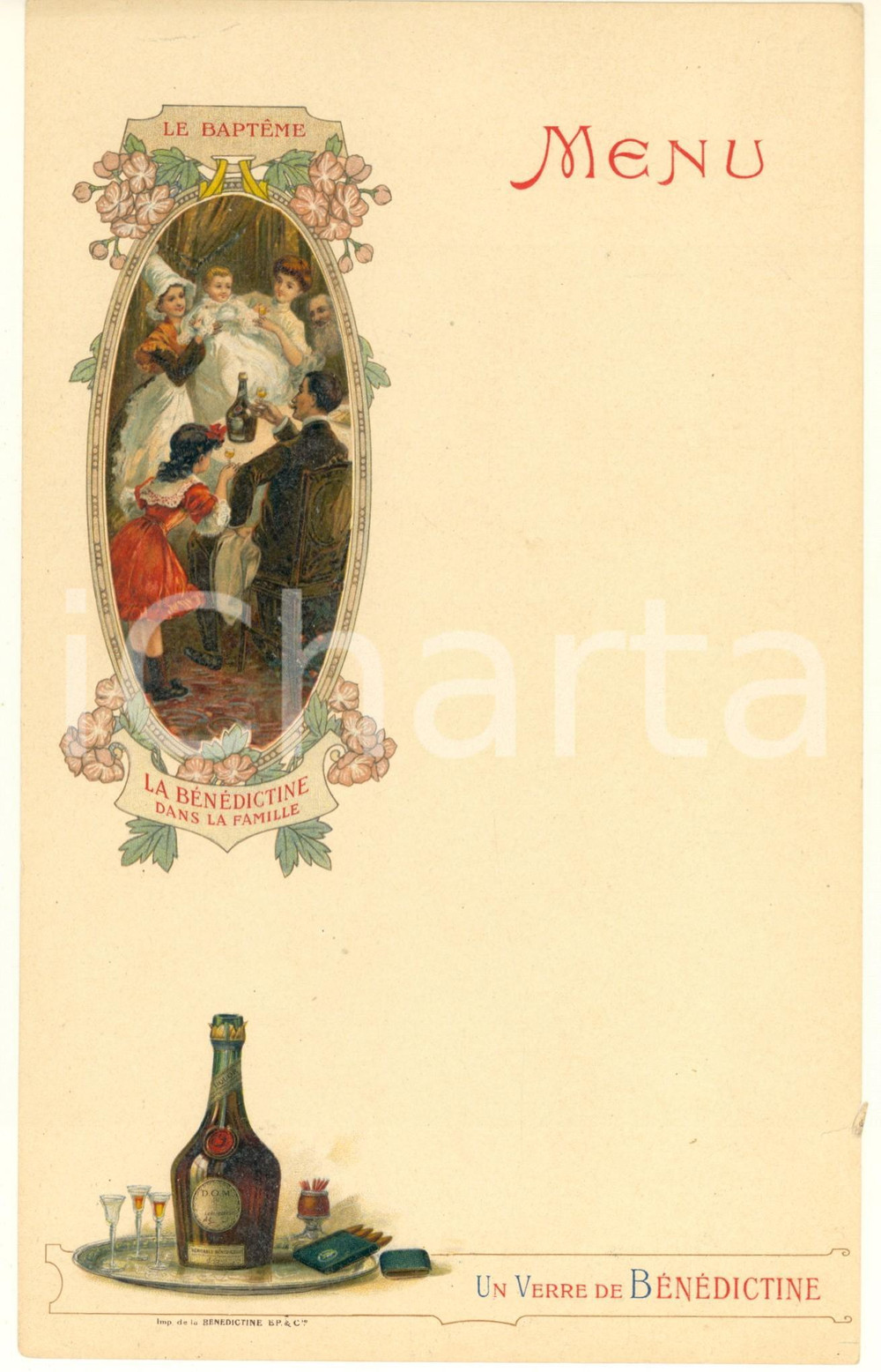 Oggetto da collezione cartaceo 1910 ca FRANCE Liqueur BENEDICTINE  Vintage menu ill. Baptême 16x25 cm 1