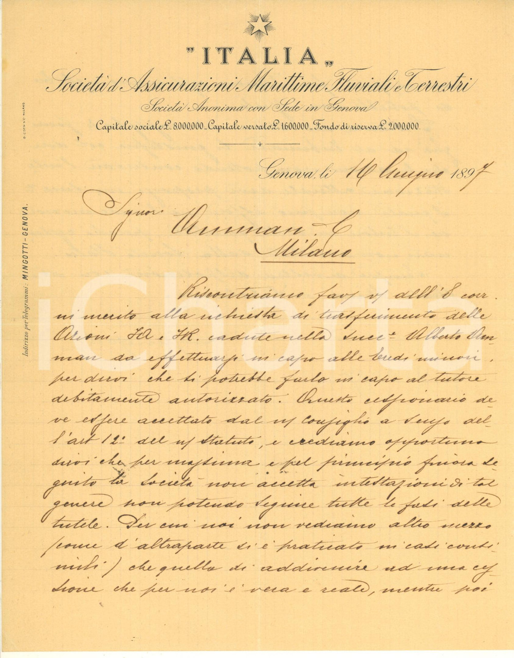 Documento originale, autentico 1897 GENOVA  ITALIA Assicurazioni Marittime  Lettera su trasferimento azioni 1