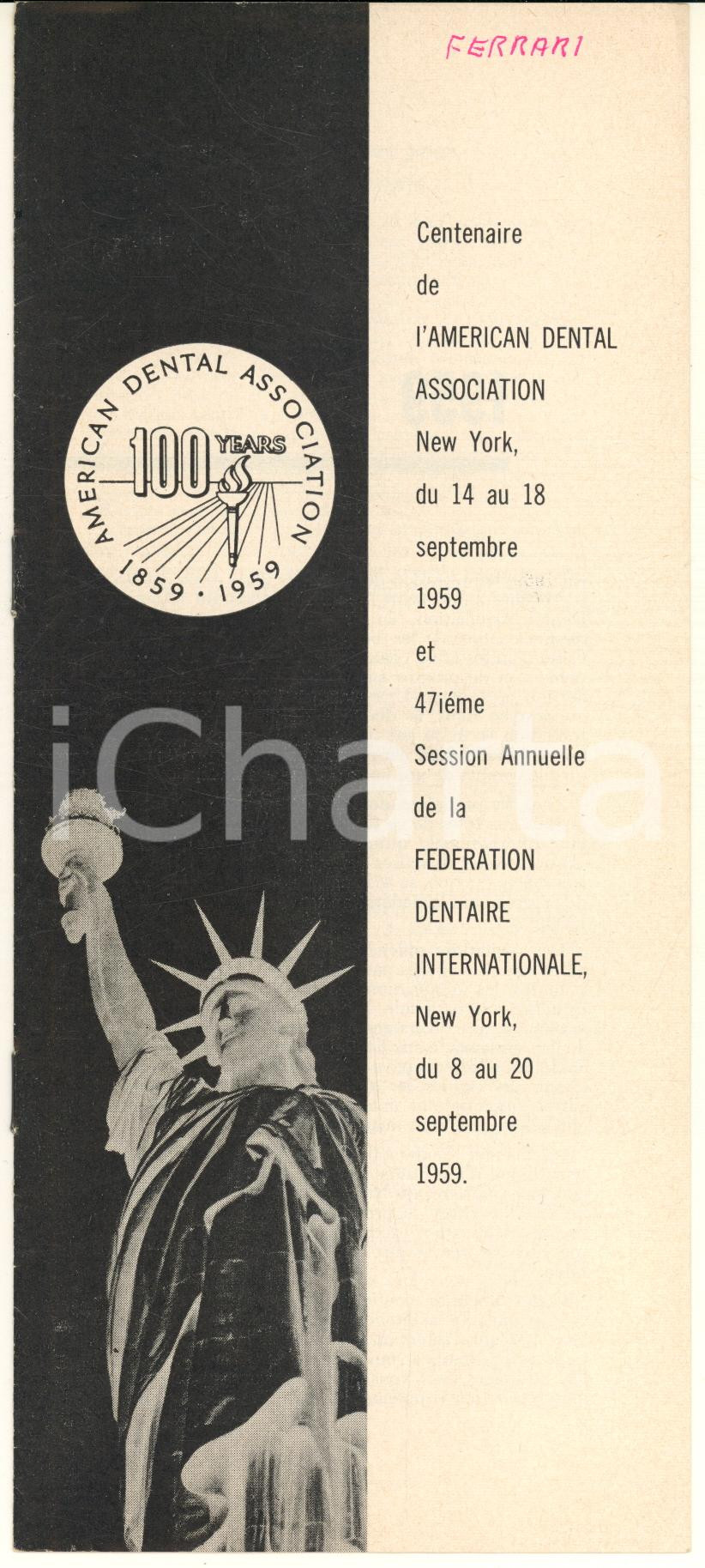 Materiale pubblicitario d’epoca 1959 NEW YORK 100 years American Dental Association Program FRENCH 1