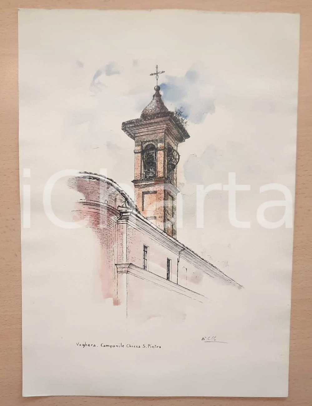 Stampa, bozzetto originale 1950 ca VOGHERA Campanile Chiesa S. Pietro  Stampa artista DI LULLO 24x34 cm 1