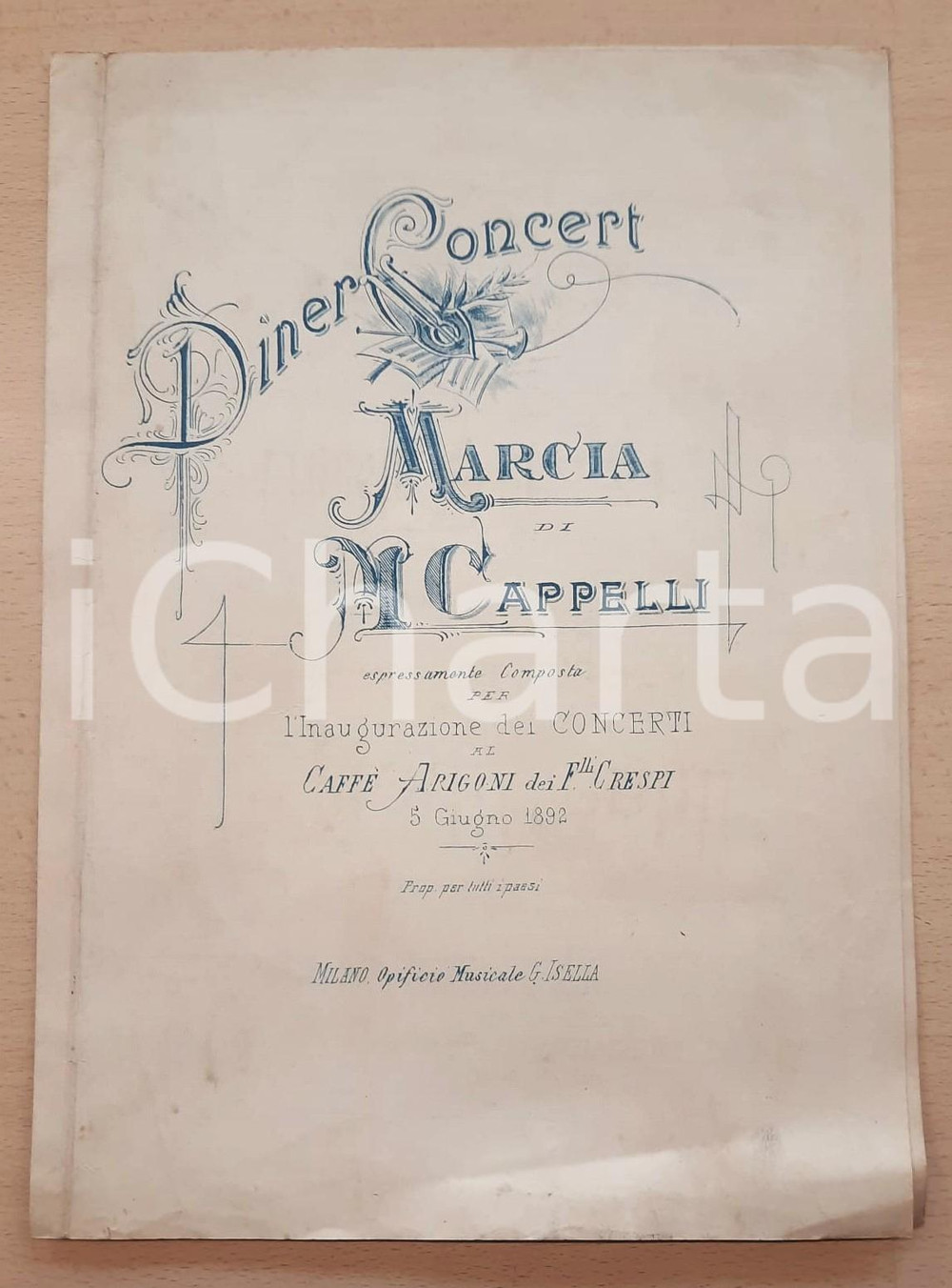 Oggetto da collezione cartaceo 1892 MILANO  M. CAPPELLI Spartito per Caffè ARRIGONI dei fratelli Crespi 1