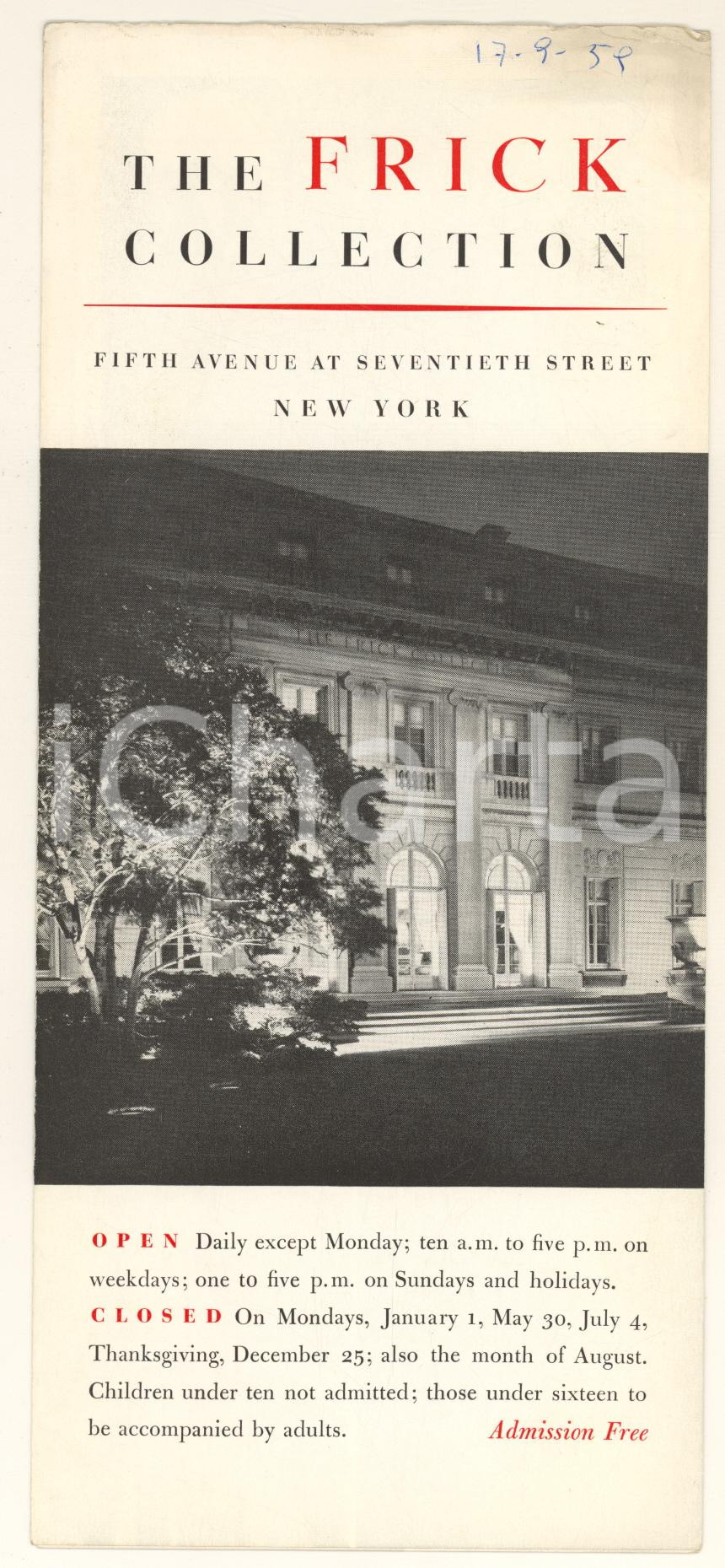 Materiale pubblicitario d’epoca 1959 NEW YORK 5th Avenue  The FRICK Collection  Vintage brochure 1