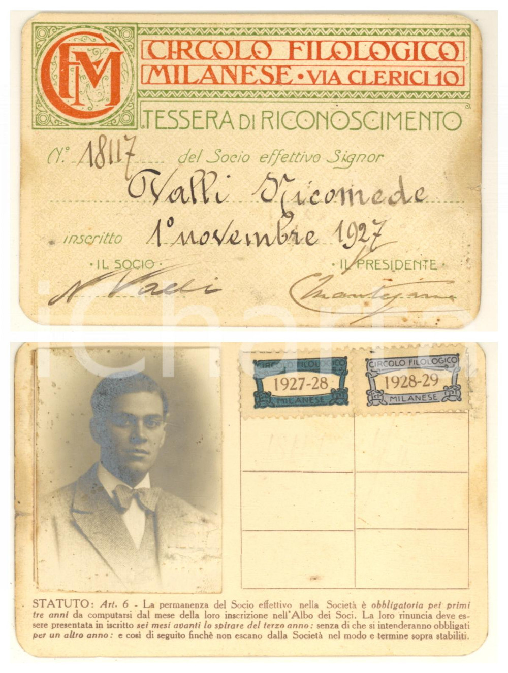 Oggetto da collezione cartaceo 1927 MILANO Circolo Filologico Milanese  Tessera Nicodemo VALLI con vera foto 1