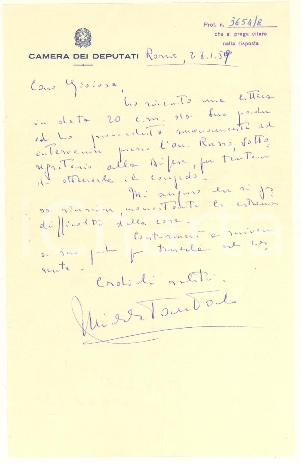 Autografo originale 1959 ROMA Camera dei Deputati  Lettera Michele TANTALO  AUTOGRAFO 1