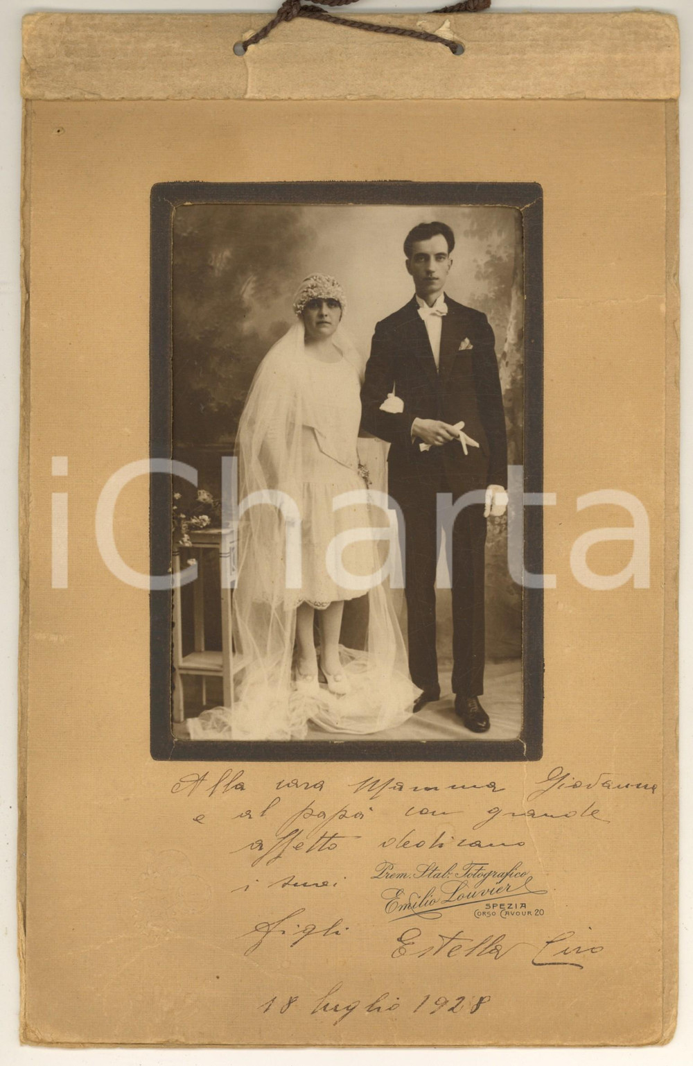 Fotografia d epoca originale 1928 LA SPEZIA Coppia di sposi nel giorno delle nozze Foto Emilio LOUVIER 18x29 1