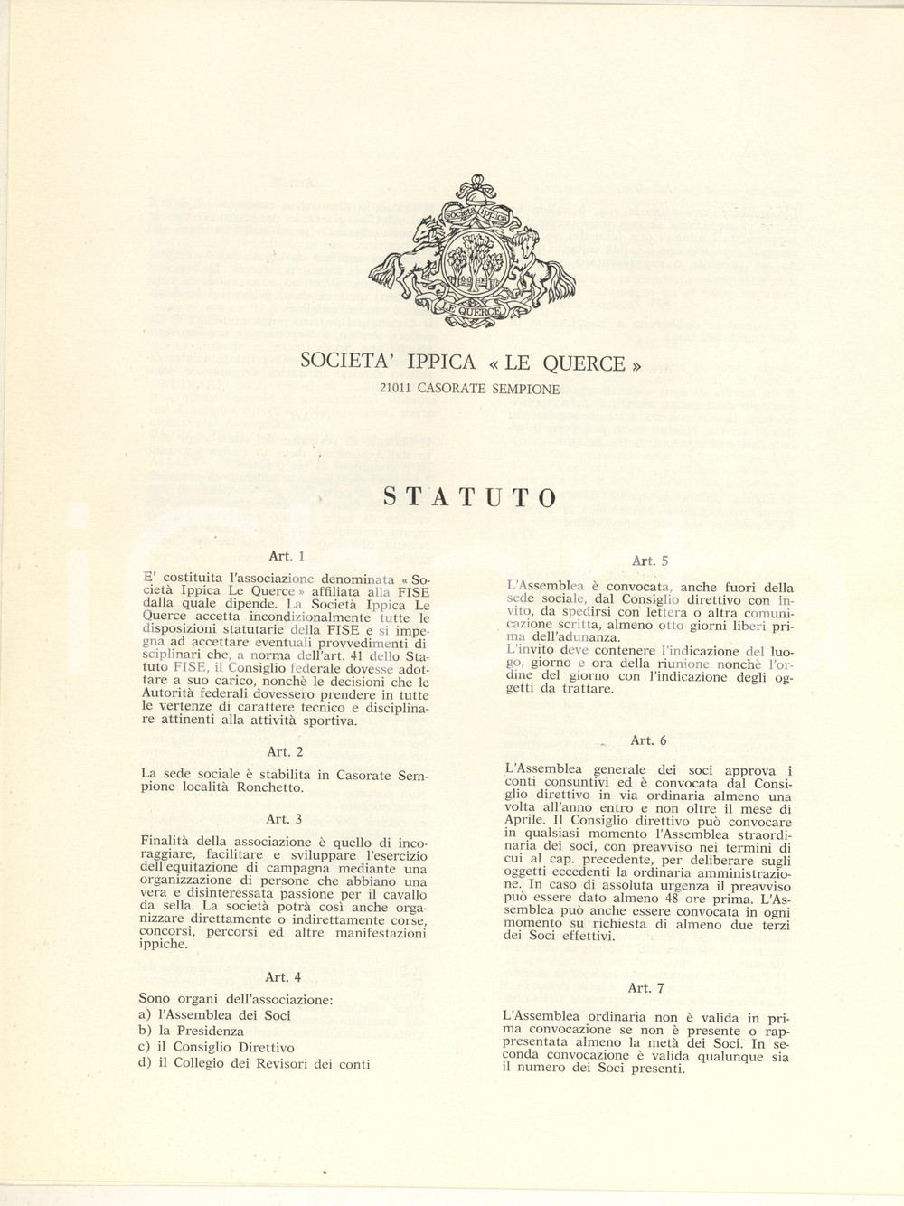 Documento originale, autentico 1971 CASORATE SEMPIONE VA Società Ippica LE QUERCE  Statuto e regolamento 1