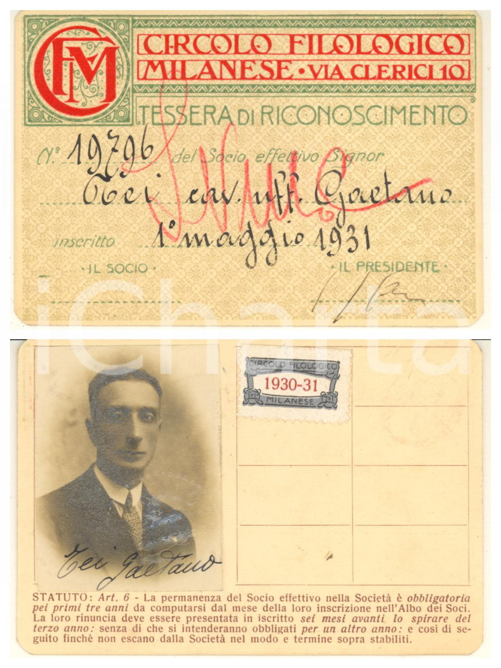 Oggetto da collezione cartaceo 1931 MILANO Circolo Filologico Milanese  Tessera Gaetano TEI con vera foto 1