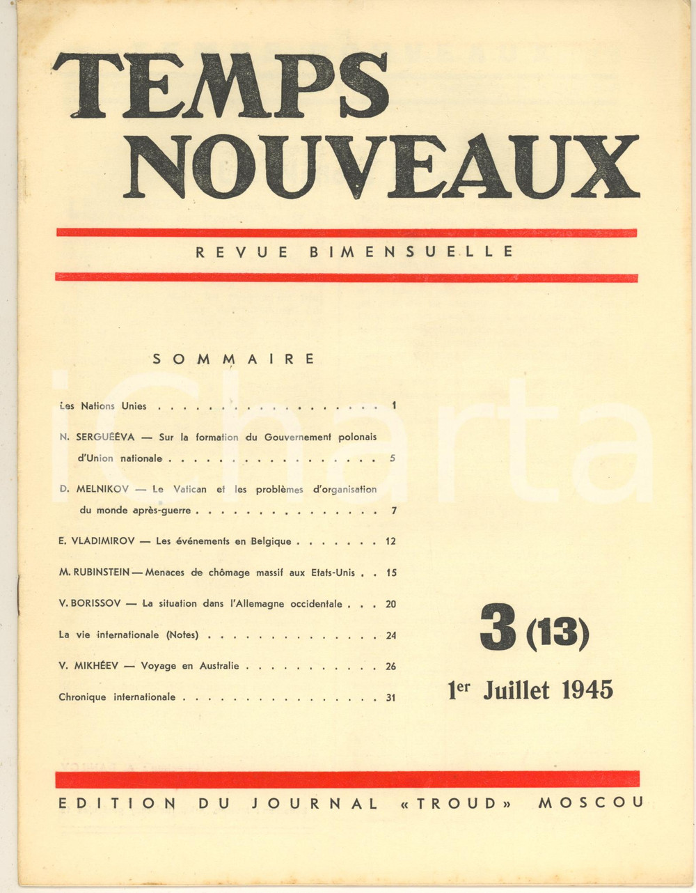 Giornale, rivista storica 1945 WW2 TEMPS NOUVEAUX Le Vatican et le monde aprèsguerre Revue TRUD n°3 1