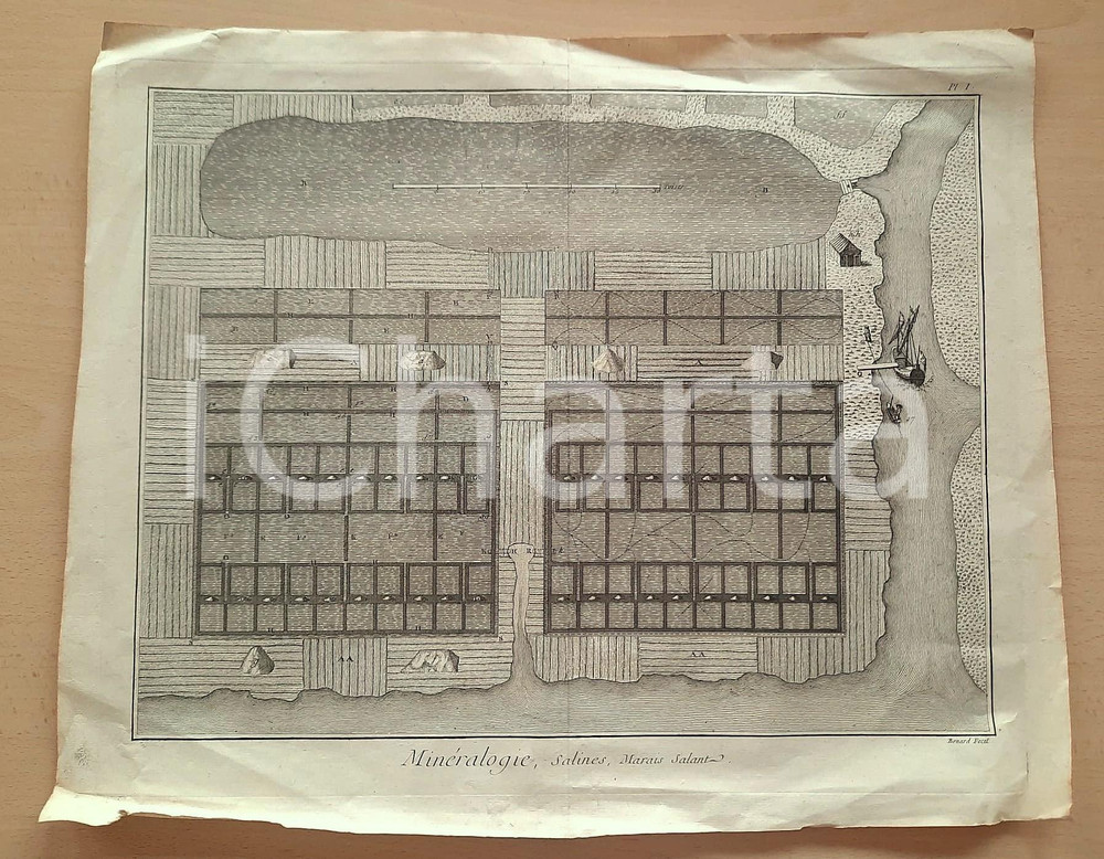 Stampa, bozzetto originale 1770 ca DIDEROT Encyclopédie  Mineralogie. Salines. Marais salant Pl. I 1