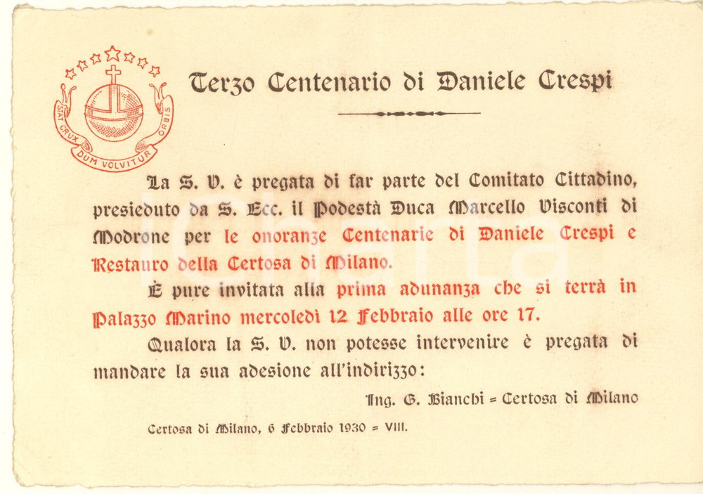 Oggetto da collezione cartaceo 1930 CERTOSA DI MILANO Terzo centenario Daniele Crespi  Comitato Invito 1