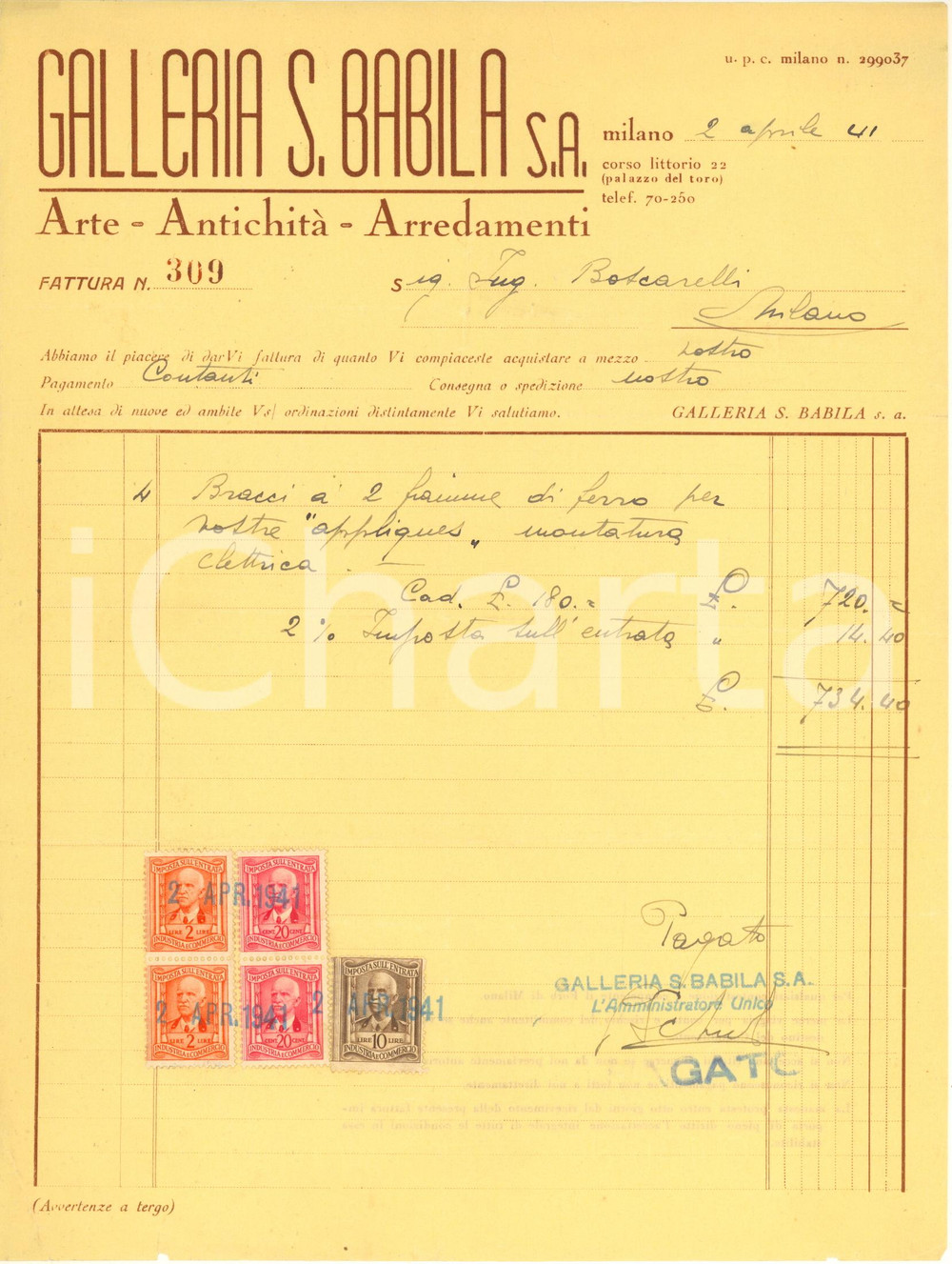 Documento originale, autentico 1941 MILANO Corso Littorio 22  Galleria S. BABILA Antichità  Fattura intestata 1