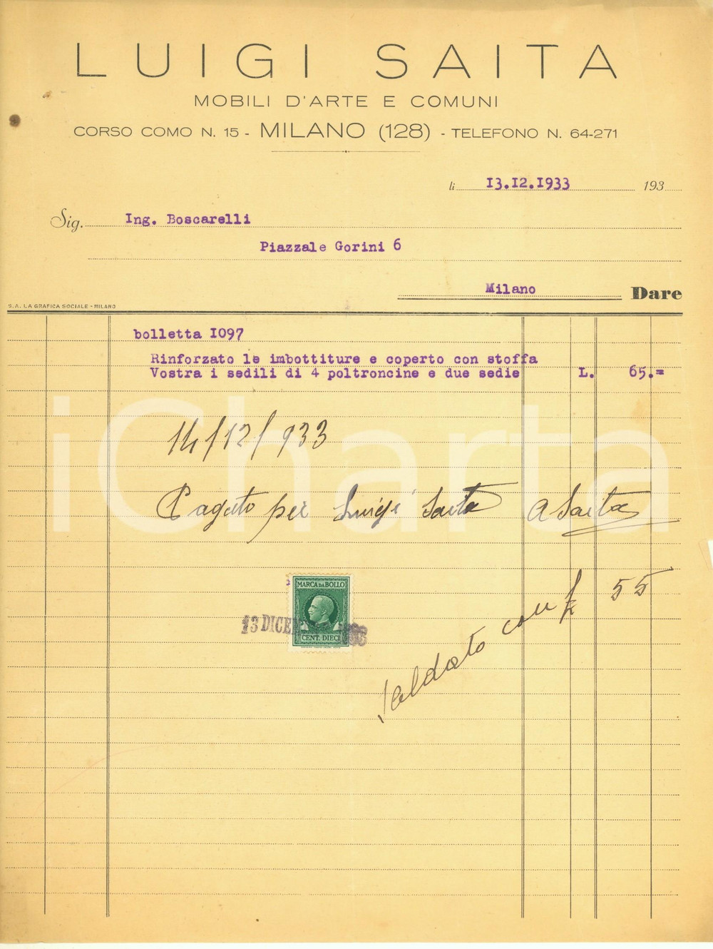 Documento originale, autentico 1933 MILANO Corso Como 15  Luigi SAITA Mobili d arte  Fattura intestata 1