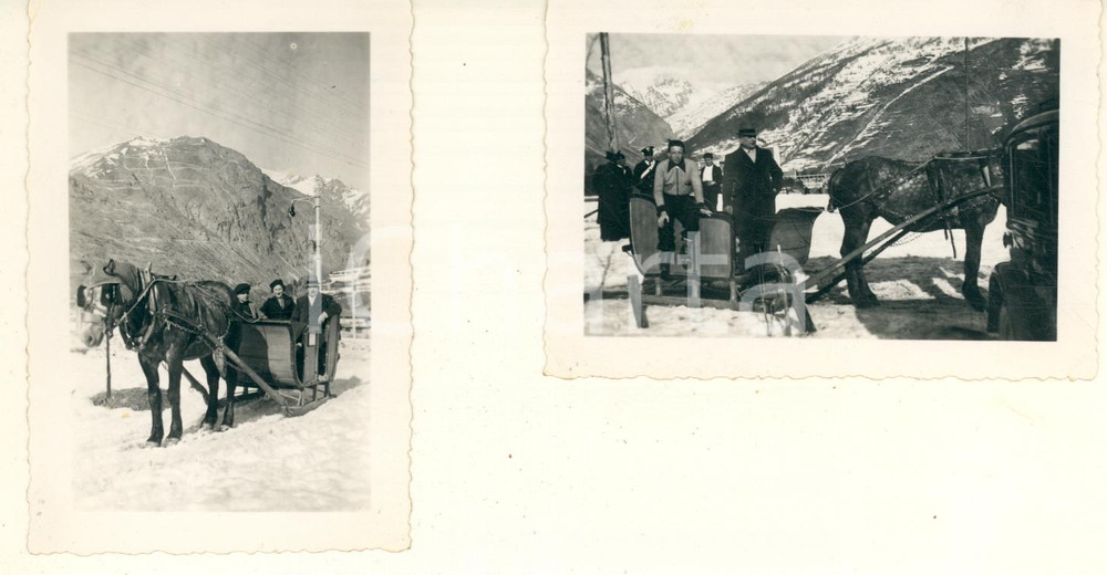 Fotografia d epoca originale 1939 COSTUME BARDONECCHIA Turisti in slitta trainata da cavallo 2 foto 9x6 cm 1