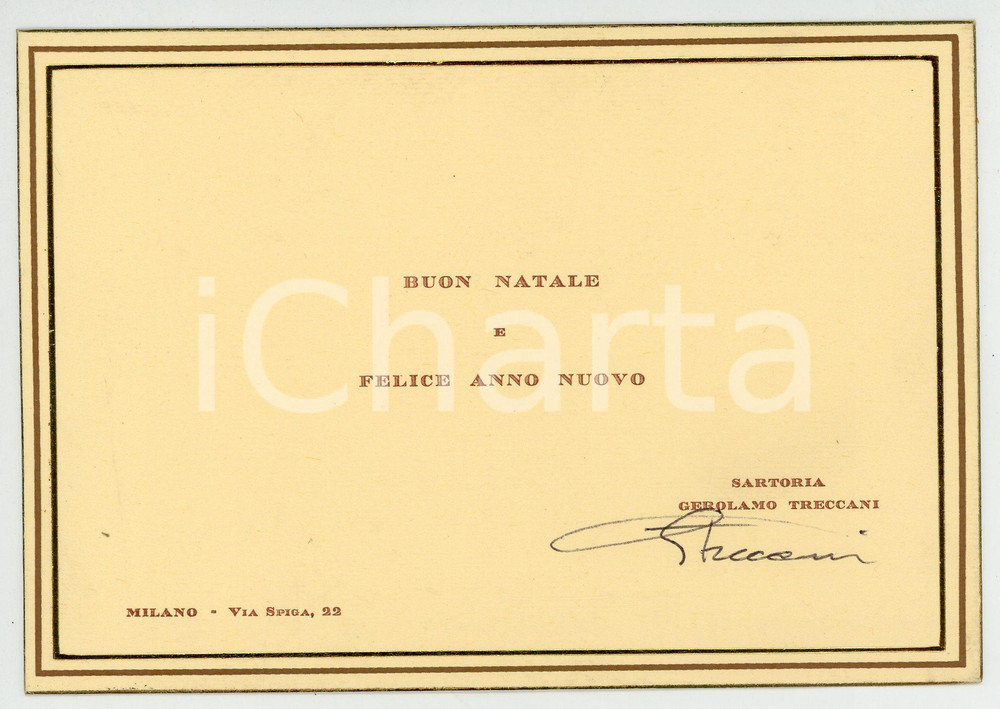 Autografo originale 1980 ca MILANO Via della Spiga 22 Sartoria Gerolamo TRECCANI Biglietto AUTOGRAFO 1