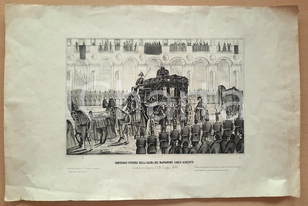Stampa, bozzetto originale 1849 G. V. CALABRESI Corteggio funebre salma Carlo Alberto deceduto in Oporto 1